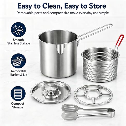 401 Stainlesss Teel Pot with Lift-Outdrainingbasket, 2027New Five Piece Set | Personal Mini Deep Fryer Set – 1.2lPortable Stainless Steel Pot with Lift-Out Draining Basket & Food Tongs in Saudi Arabia