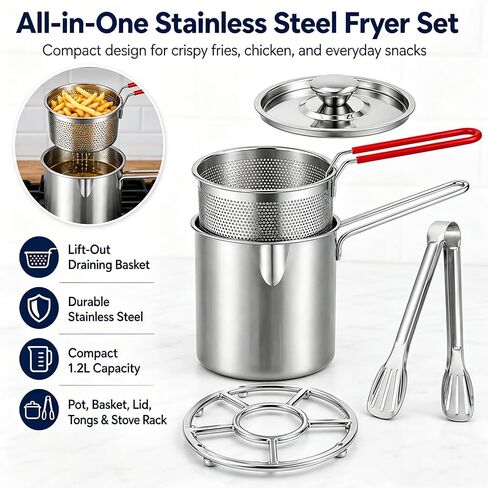 401 Stainlesss Teel Pot with Lift-Outdrainingbasket, 2027New Five Piece Set | Personal Mini Deep Fryer Set – 1.2lPortable Stainless Steel Pot with Lift-Out Draining Basket & Food Tongs in Saudi Arabia