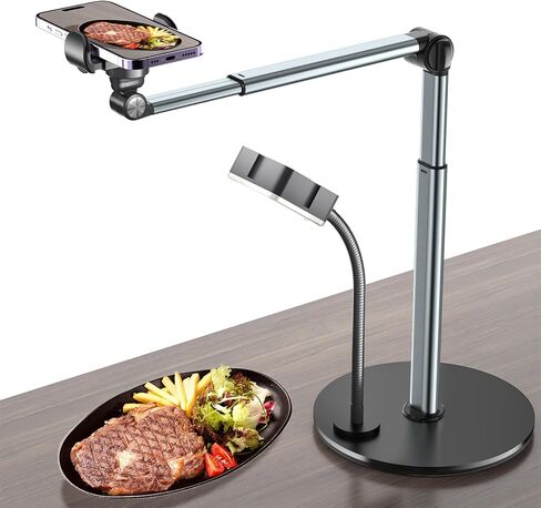 Overhead Phone Mount with Rechargeable Light for iPhone, Table Tripod for Content Creators, Portable Phone Camera Stand for Cooking, Video Recording, Filming, Nail Techs in Kuwait