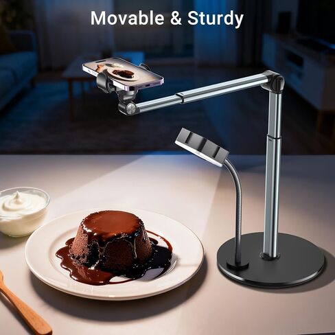 Overhead Phone Mount with Rechargeable Light for iPhone, Table Tripod for Content Creators, Portable Phone Camera Stand for Cooking, Video Recording, Filming, Nail Techs in Kuwait