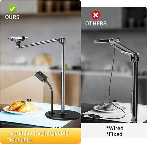 Overhead Phone Mount with Rechargeable Light for iPhone, Table Tripod for Content Creators, Portable Phone Camera Stand for Cooking, Video Recording, Filming, Nail Techs in Kuwait