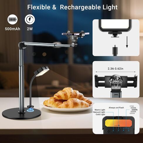 Overhead Phone Mount with Rechargeable Light for iPhone, Table Tripod for Content Creators, Portable Phone Camera Stand for Cooking, Video Recording, Filming, Nail Techs in Kuwait