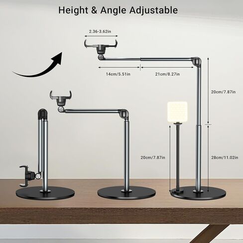 Overhead Phone Mount with Rechargeable Light for iPhone, Table Tripod for Content Creators, Portable Phone Camera Stand for Cooking, Video Recording, Filming, Nail Techs in Kuwait