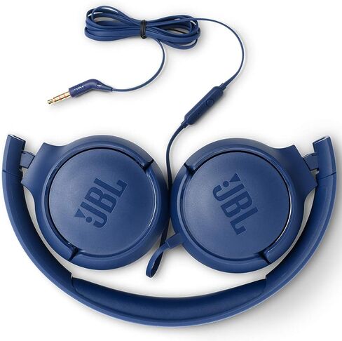 JBL Tune 500 - Wired On-Ear Headphones - Blue | JBL Pure Bass Sound, 1-button remotemic, Lightweight and foldable design, Tangle-free flat cable, Ask Siri or Google Now in Kuwait