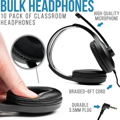 Barks Classroom Headphones with Microphone Bulk 10 Pack (Black, 3.5mm) | Durable Everyday Student Use, Headsets with Mic, Adjustable Fit All-Day Comfort, Clear Voice, Easy Clean, K-12 School Testing in Saudi Arabia