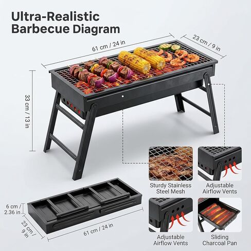 Portable Charcoal Grill, Portable Tabletop BBQ for Outdoor Cooking | Compact Folding Grill for Camping, Hiking, Picnics & Travel | 24"x13"x9" Lightweight Smoky Flavor Grill in Saudi Arabia