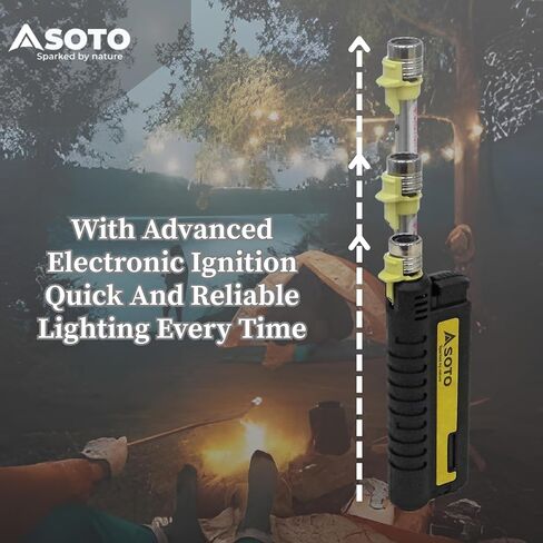 SOTO Pocket Torch Lighters for Camping - Extended Refillable Torch Lighter, Telescoping Burner Head, Electronic Ignition, Strong Wind-Resistant Butane Lighter for Candles, Grill, BBQ - Shipped Empty in Saudi Arabia