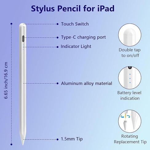 aMZCaSE Stylus Pen for iPad with Palm Rejection & Fast Charge | Tilt Sensitivity, USB-C 2X Fast Charge, Compatible with iPad 6-11 Gen (A16) Air Pro Mini All Models, White in Saudi Arabia