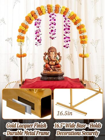 32"x23" Ganpati Decoration Metal Mandap Backdrop Stand for Tabletop Altars | Gold Arch Pooja Backdrop Frame for Indian Mandir Marigold Garland Ganesh Chaturthi Decoration in Saudi Arabia