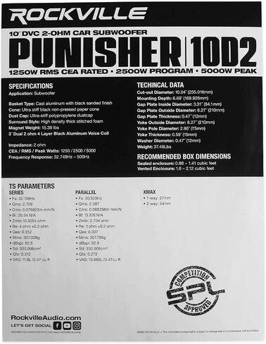 Rockville Punisher 12D2 12" Dual 2-Ohm Competition Car Audio Subwoofer | 5600W Peak / 1400W RMS, 3" 4-Layer OFC Voice Coil, 246 Oz Magnet, Aluminum Basket, Paper Cone, Foam Surround, 28mm Xmax in Saudi Arabia