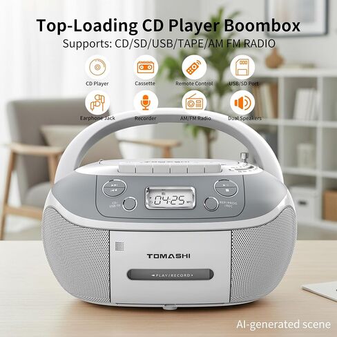 TOMASHI Portable CD Player Boombox with Cassette Player - AM FM Radio,Tape/CD Recording, USB/SD Inputs,Retro Stereo Sound,Dual AC/DC Power,Remote & Backlit LCD - for Home, Camping,Gifts (CD-860A) in Kuwait