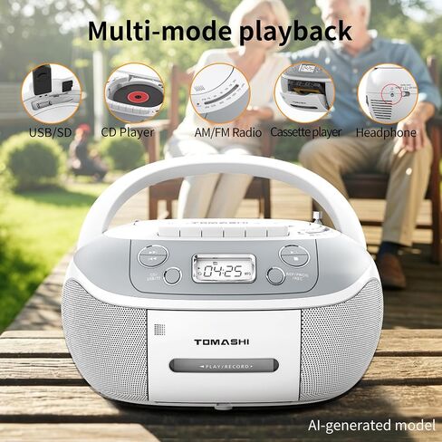 TOMASHI Portable CD Player Boombox with Cassette Player - AM FM Radio,Tape/CD Recording, USB/SD Inputs,Retro Stereo Sound,Dual AC/DC Power,Remote & Backlit LCD - for Home, Camping,Gifts (CD-860A) in Kuwait