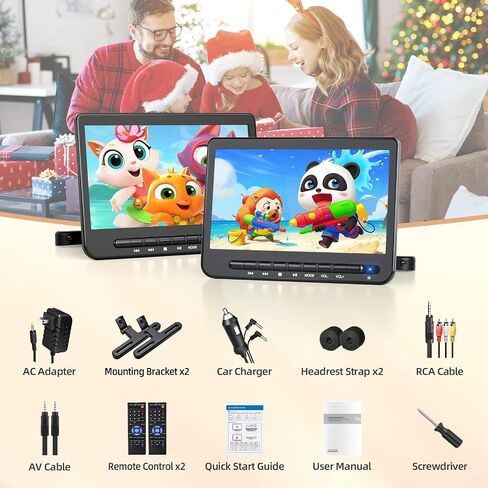 DESOBRY 10" Dual Screen Car DVD Player — Plays Same or Different Movies | Headrest Mount for Travel & Home, Support USB/CD/DVD, Play Same or Different Movies, Last Memory in Kuwait