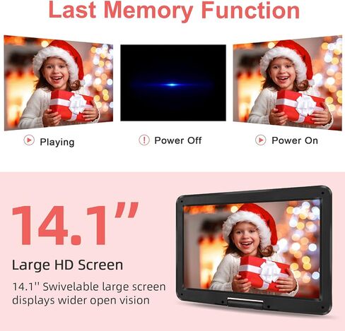 HotHat 16.5" Portable DVD Player, 6Hr Battery, Car Headrest Mount, Remote | 1280x800 HD 14.1"Swivel Screen, 5000mAh Battery, Supports CD/DVD/SD/USB, for Car & Home, Region Free in Saudi Arabia