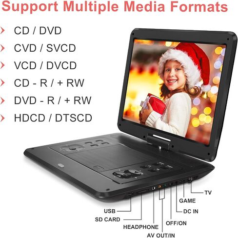 HotHat 16.5" Portable DVD Player, 6Hr Battery, Car Headrest Mount, Remote | 1280x800 HD 14.1"Swivel Screen, 5000mAh Battery, Supports CD/DVD/SD/USB, for Car & Home, Region Free in Saudi Arabia