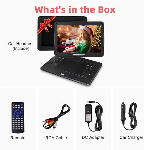 HotHat 16.5" Portable DVD Player, 6Hr Battery, Car Headrest Mount, Remote | 1280x800 HD 14.1"Swivel Screen, 5000mAh Battery, Supports CD/DVD/SD/USB, for Car & Home, Region Free in Saudi Arabia