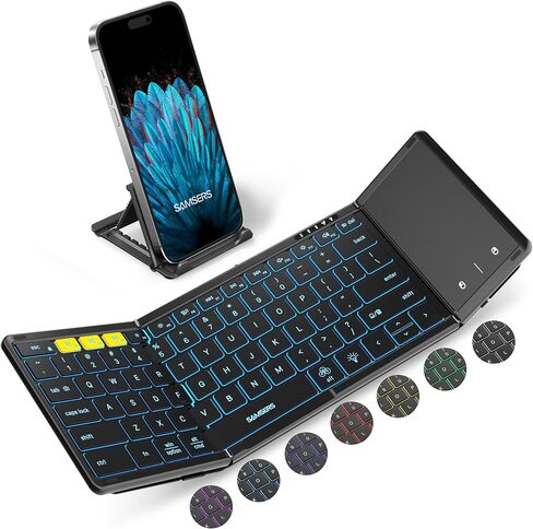 Samsers Full-Size Backlit Foldable Bluetooth Keyboard with Touchpad, Gray | 7-color illuminated, BT5.1 x 3, Multi-touch Trackpad, PU Leather Cover, Phone Holder, Mouse click, Velvet bag, Mobile Work in Saudi Arabia