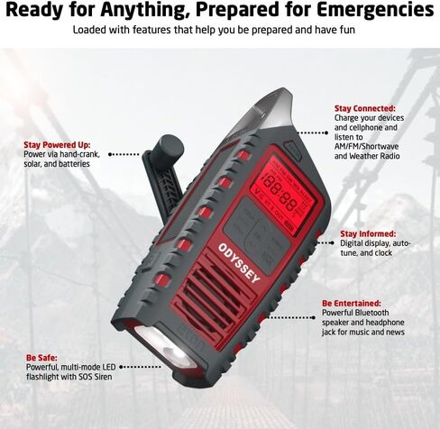 Eton Odyssey Hand Crank NOAA Weather Radio, All Band Emergency Radio, AM/FM Shortwave Storm Radio, Bluetooth, Phone Charger, RDS, Solar, Multi-Function Flashlight, Camping, Hiking in Saudi Arabia