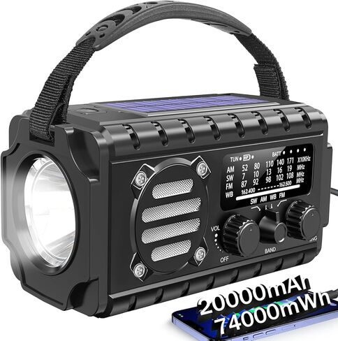 Emergency Radio Hand Crank Solar, AM/FM/SW NOAA Weather Radio Built-in 20000mah Large Battery Powered,Type-C Charger,Flashlight, Reading Light,SOS, Compact & Portable for Camping/Emergencies in Kuwait