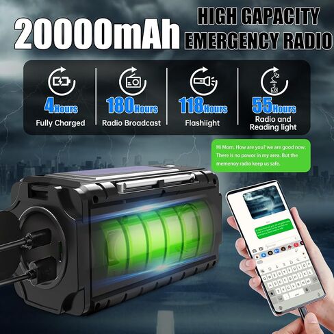 Emergency Radio Hand Crank Solar, AM/FM/SW NOAA Weather Radio Built-in 20000mah Large Battery Powered,Type-C Charger,Flashlight, Reading Light,SOS, Compact & Portable for Camping/Emergencies in Kuwait