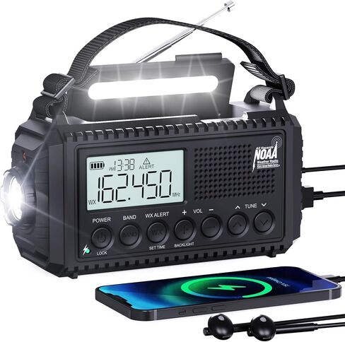 Emergency Radio Hand Crank NOAA Weather Alert/AM/FM/SW, 5000mAh Rechargeable Battery Powered Solar, Portable with 2-Mode LED Flashlight, SOS Alarm in Kuwait