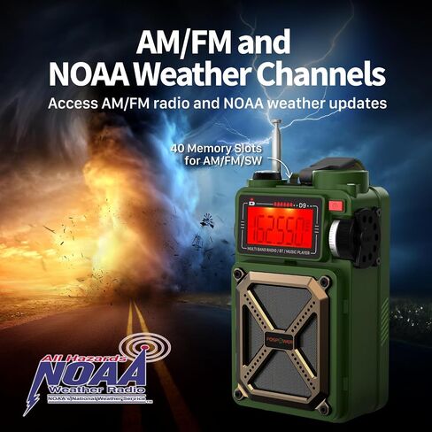 راديو الطقس للطوارئ FosPower (موديل D9) بطارية احتياطية بقدرة 14800 ميجاوات في الساعة، NOAA/AM/FM/Shortwave، بلوتوث 5.4، شحن USB/طاقة شمسية/كرنك يدوي، ضوء فلاش، إنذار SOS، تصنيف IPX3 لحالات الطوارئ الداخلية/الخارجية in Kuwait