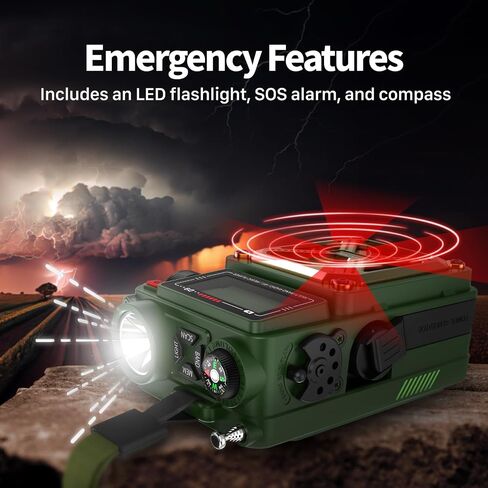 راديو الطقس للطوارئ FosPower (موديل D9) بطارية احتياطية بقدرة 14800 ميجاوات في الساعة، NOAA/AM/FM/Shortwave، بلوتوث 5.4، شحن USB/طاقة شمسية/كرنك يدوي، ضوء فلاش، إنذار SOS، تصنيف IPX3 لحالات الطوارئ الداخلية/الخارجية in Kuwait