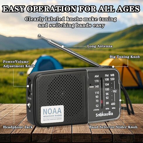 Portable AM FM Transistor Radio Battery Operated, NOAA Weather Radio with Loud Speaker, Headphone Jack, 2 AA Batteries, Excellent Reception, for Everyday Carry Essential, Travel, Storms in Saudi Arabia