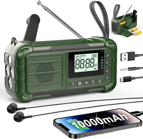 NOAA Weather Radio Emergency, 10000mAh Solar Hand Crank Radio | Replaceable Battery, AM/FM Battery Operated, USB-C Cell Phone Charger, Warning Light, Flashlight, SOS for Power Outage in Kuwait