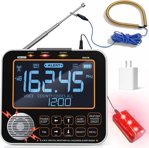 NOAA Weather Alert Radio for Home - S.A.M.E. Localized Programming | 23 Country Codes & 75+ Emergency Alerts NOAA Weather Radio with Battery Backup External Antenna and Warning Light for Home in Saudi Arabia