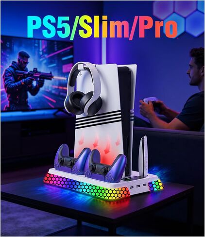 Cooling Station for PS5 Slim Pro,Vertical Stand with Adjustable Fan Charger | Gift for PS5 Long Gaming,3 Level Quiet Fan,Two Controller Charging,10 Colors Dynamic Mode,Headset Hook,USB Hub,Anti-Slip Base in Saudi Arabia