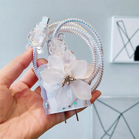 Cute Charger Protector for iPhone Charger Adapter,Charger Cover Flower 3D Camellia Floral with Bling Star Design,DIY Phone Cord Protector,Data Line USB Case for iPhone Cable Protector 15 16 17 Pro Max in Saudi Arabia