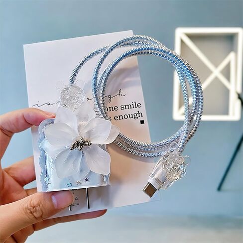 Cute Charger Protector for iPhone Charger Adapter,Charger Cover Flower 3D Camellia Floral with Bling Star Design,DIY Phone Cord Protector,Data Line USB Case for iPhone Cable Protector 15 16 17 Pro Max in Saudi Arabia