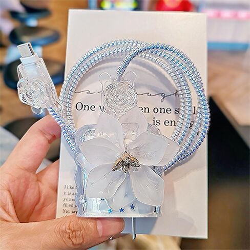 Cute Charger Protector for iPhone Charger Adapter,Charger Cover Flower 3D Camellia Floral with Bling Star Design,DIY Phone Cord Protector,Data Line USB Case for iPhone Cable Protector 15 16 17 Pro Max in Saudi Arabia
