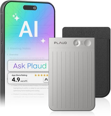 Plaud Note AI Voice Recorder Transcribe Summarize, Silver, Non-Pro Version | AI Note Taker for Meetings, Calls, Lectures, Professionals & Teams 112 Languages, Ultra-Slim, App Control, Case Included in Kuwait
