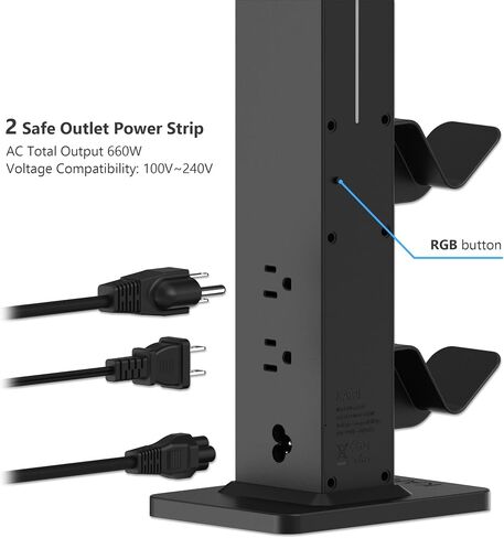 KAFRI RGB Gaming Headphone Stand with Controller Holder, Desk Organizer with Retractable Charger Cable, 2 AC Outlets & 4 Type-C Charging Ports, PC Gaming Accessories for Headset & Controller (Black) in Saudi Arabia