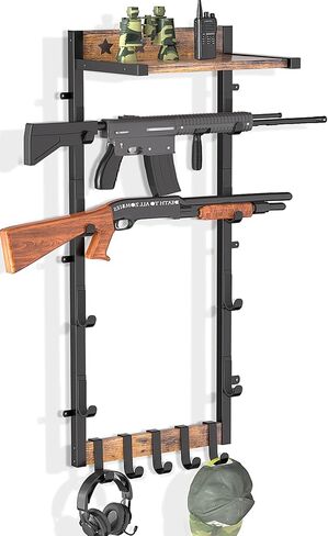Gun Rack for Wall,4 Gun Rack Wall Mount with 5 Removable Hooks & Shelf | Wooden Rifle Racks Wall Mount,Indoor Wall Gun Display Racks for Hunting Rifle Airsoft Shotgun Holder,Brown Black in Saudi Arabia