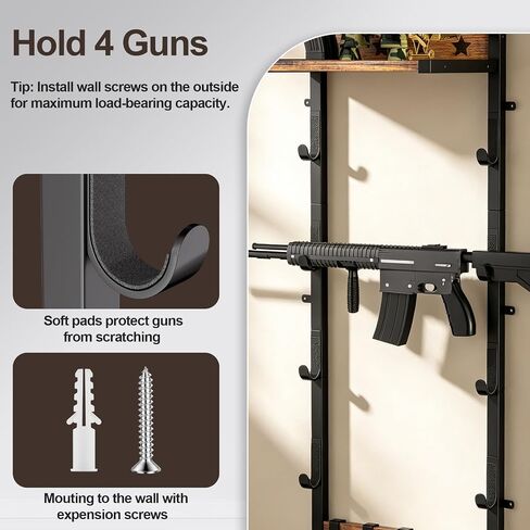Gun Rack for Wall,4 Gun Rack Wall Mount with 5 Removable Hooks & Shelf | Wooden Rifle Racks Wall Mount,Indoor Wall Gun Display Racks for Hunting Rifle Airsoft Shotgun Holder,Brown Black in Saudi Arabia