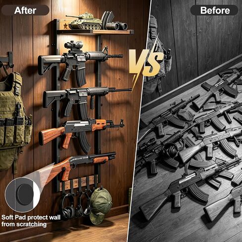 Gun Rack for Wall,4 Gun Rack Wall Mount with 5 Removable Hooks & Shelf | Wooden Rifle Racks Wall Mount,Indoor Wall Gun Display Racks for Hunting Rifle Airsoft Shotgun Holder,Brown Black in Saudi Arabia