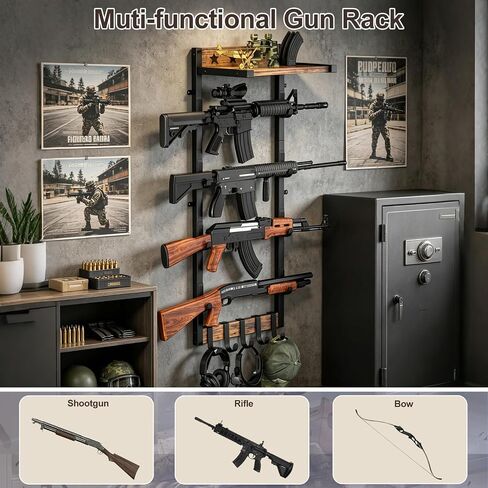Gun Rack for Wall,4 Gun Rack Wall Mount with 5 Removable Hooks & Shelf | Wooden Rifle Racks Wall Mount,Indoor Wall Gun Display Racks for Hunting Rifle Airsoft Shotgun Holder,Brown Black in Saudi Arabia