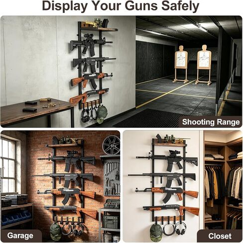 Gun Rack for Wall,4 Gun Rack Wall Mount with 5 Removable Hooks & Shelf | Wooden Rifle Racks Wall Mount,Indoor Wall Gun Display Racks for Hunting Rifle Airsoft Shotgun Holder,Brown Black in Saudi Arabia