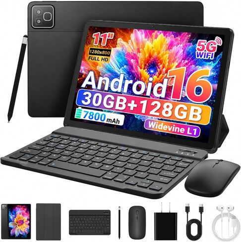 11 Inch 2 in 1 Android 16 Tablet with Keyboard Mouse Pen Case, 30GB RAM 128GB 1TB Expandable, 7800mAh Battery, HD Screen Widevine L1, Dual Cameras Face Unlock, WiFi 6 BT 5.4 Tablets Bundle in Saudi Arabia
