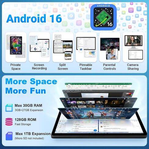 11 Inch 2 in 1 Android 16 Tablet with Keyboard Mouse Pen Case, 30GB RAM 128GB 1TB Expandable, 7800mAh Battery, HD Screen Widevine L1, Dual Cameras Face Unlock, WiFi 6 BT 5.4 Tablets Bundle in Saudi Arabia