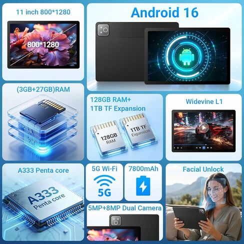 11 Inch 2 in 1 Android 16 Tablet with Keyboard Mouse Pen Case, 30GB RAM 128GB 1TB Expandable, 7800mAh Battery, HD Screen Widevine L1, Dual Cameras Face Unlock, WiFi 6 BT 5.4 Tablets Bundle in Saudi Arabia