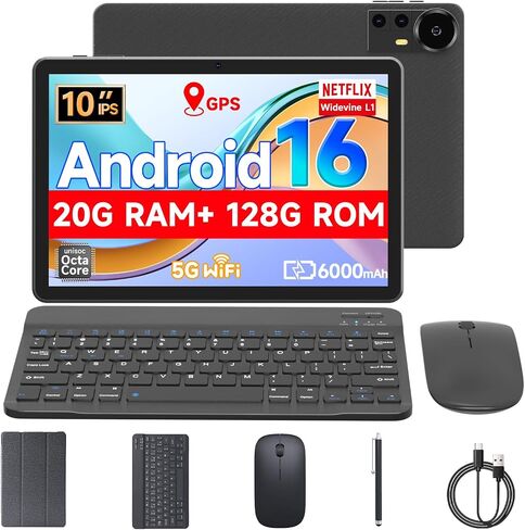 تابلت 10.1 بوصة أندرويد 16.0، ذاكرة الوصول العشوائي 20 جيجابايت (4+16 توسيع) + ذاكرة تخزين داخلية 128 جيجابايت، بطارية 6000 مللي أمبير في الساعة، كاميرا مزدوجة 2+8 ميجابكسل، شاشة لمس عالية الدقة 1280 * 800 IPS مع لوحة مفاتيح + ماوس + حافظة واقية + قلم (ور in Kuwait