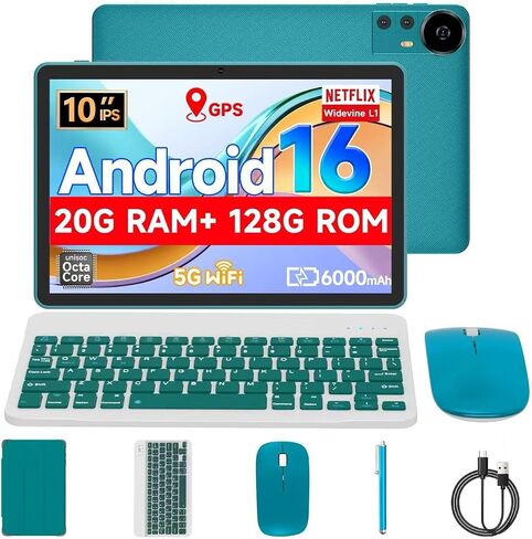 Tablet 10.1Inch Android 16.0, RAM 20GB(4+16Expand)+ROM 128GB, 6000mAh Battery, 2+8MP Dual Camera, 1280 * 800 IPS HD Touch Screen Tab PC Set with Keyboard+Mouse+Protective Case+Stylus (Pink) in Saudi Arabia