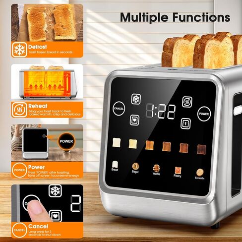 Long Slot Toaster 4 Slice with Touchscreen, 2-Slot Extra Wide 1.5 Inch | Stainless Steel, 1400W, 2-Slot Smart Appliance, Single Mode, BreadID Tech, Digital Timer, For Bagel Waffle in Saudi Arabia