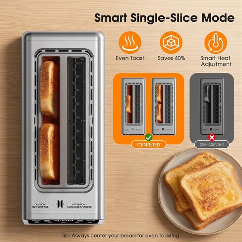 Long Slot Toaster 4 Slice with Touchscreen, 2-Slot Extra Wide 1.5 Inch | Stainless Steel, 1400W, 2-Slot Smart Appliance, Single Mode, BreadID Tech, Digital Timer, For Bagel Waffle in Saudi Arabia