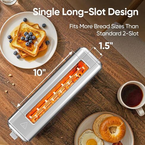 Slim Long Slot Toaster, 2 Slice Wide Slot Stainless Steel | 10.24 x 1.5 in slot for bagels, waffles, frozen bread, 7 shades, crumb tray, small kitchens in Saudi Arabia
