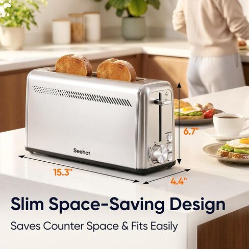 Slim Long Slot Toaster, 2 Slice Wide Slot Stainless Steel | 10.24 x 1.5 in slot for bagels, waffles, frozen bread, 7 shades, crumb tray, small kitchens in Saudi Arabia